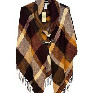 NWT Moss Rose Brown, Tan, and Gold Poncho with Frayed Ends